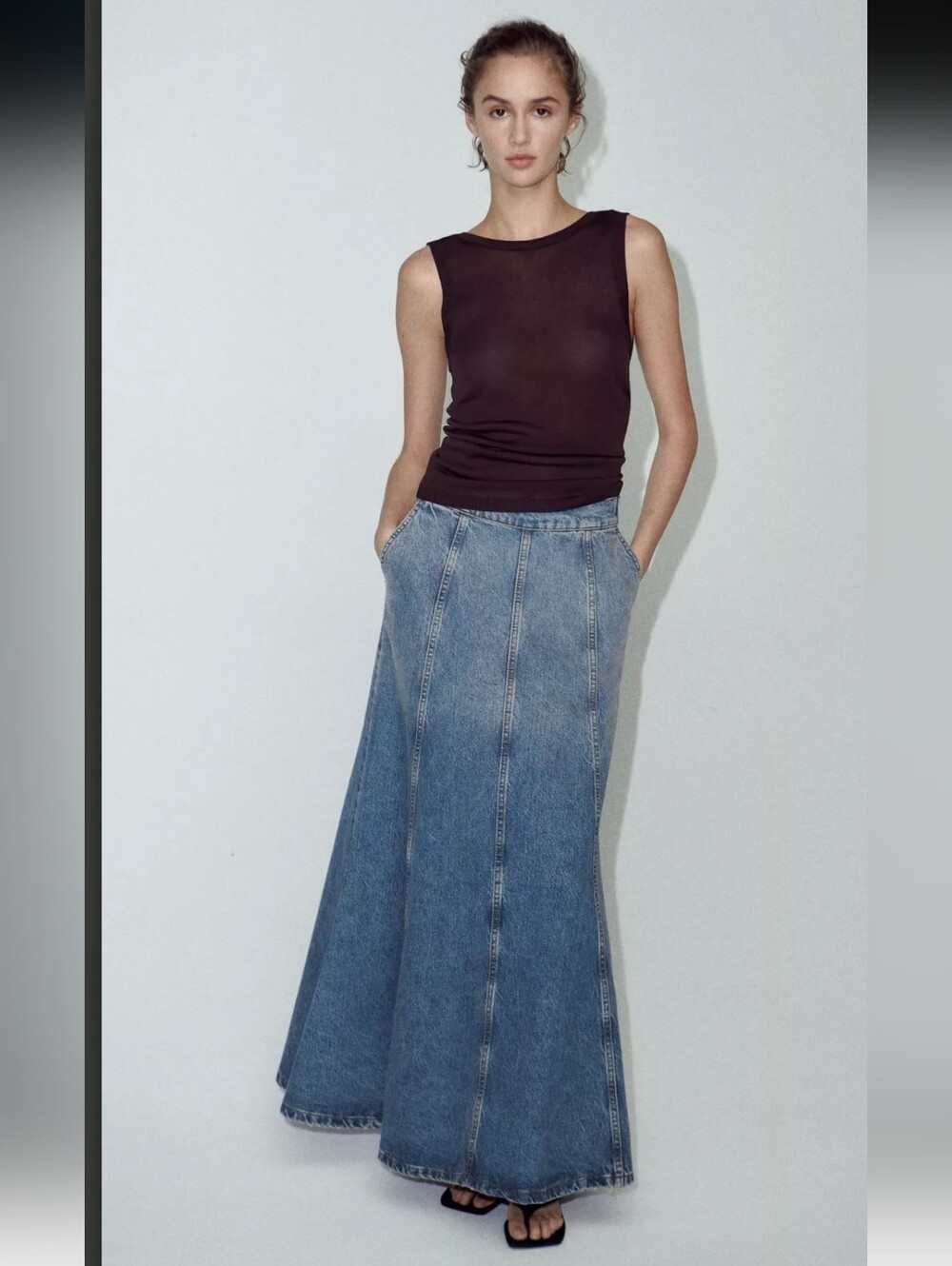 NWT Zara Long Denim Maxi Skirt - A-Line Paneled Jean Skirt Blue